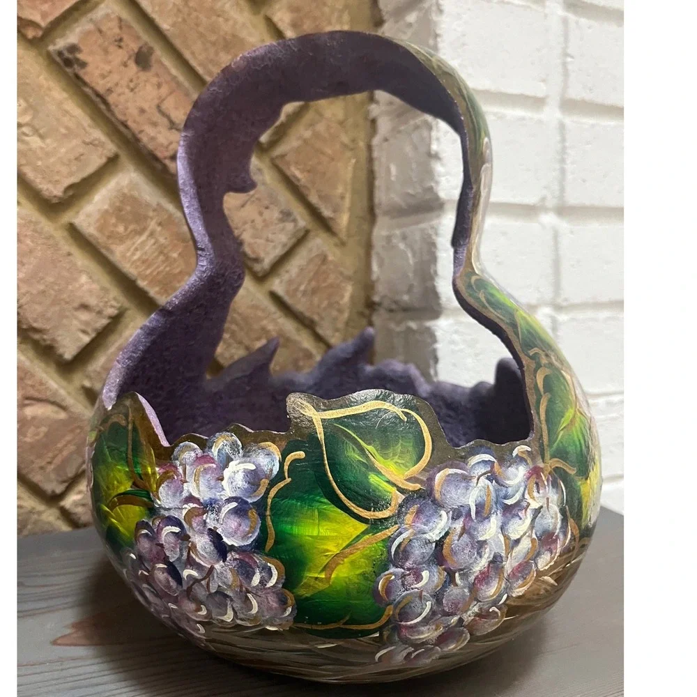 Vtg Hand-Painted Gourd Basket Hanging Planter Pot Stitched  Prple‎ green gold